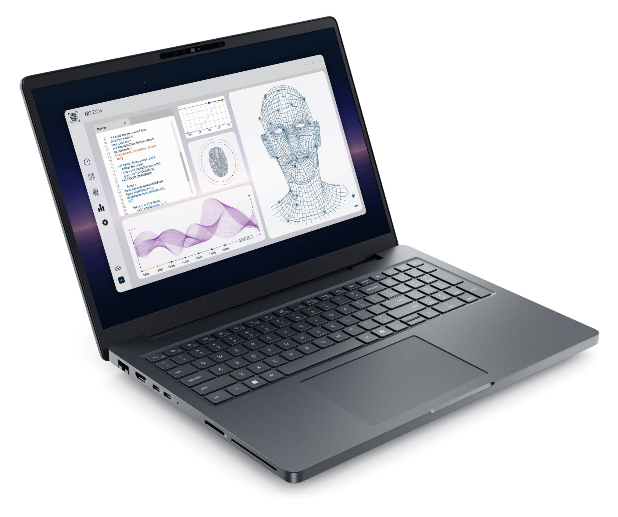 front view of the Windows research laptop with scientific graphics displayed on the screen